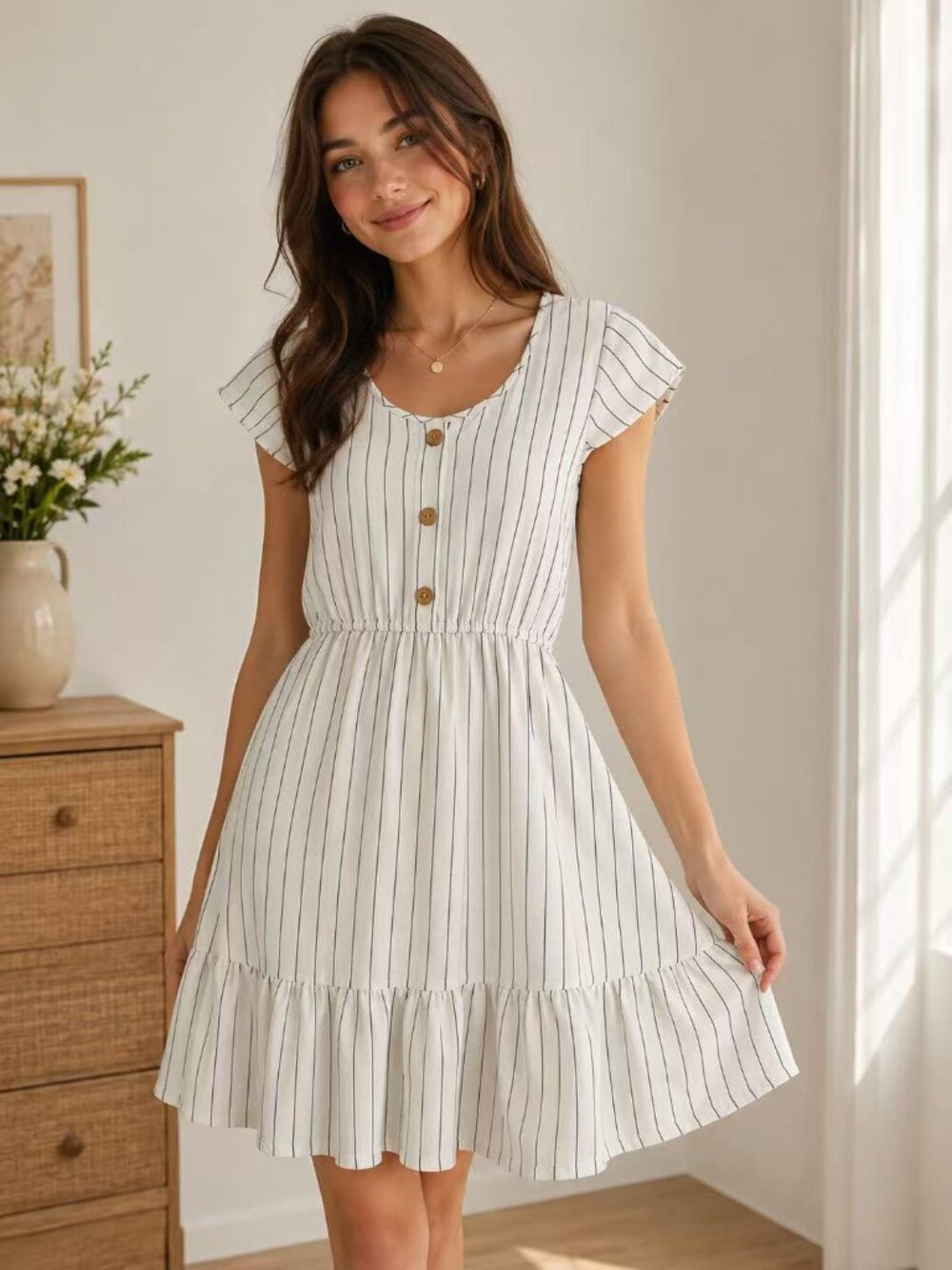 Women Summer Fashion Stripe Cotton Short Midi Dress - White/Black, S/M